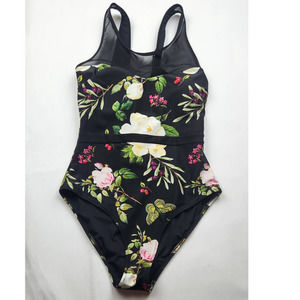 Cupshe Black Floral Print One Piece Swimsuit Lace Up Back Medium Sheer Bodice